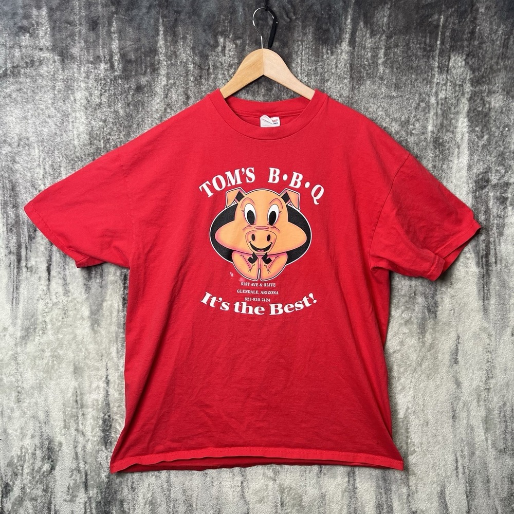 Vintage Tom's BBQ Pig No Butts Double Sided Red Shirt Size XL